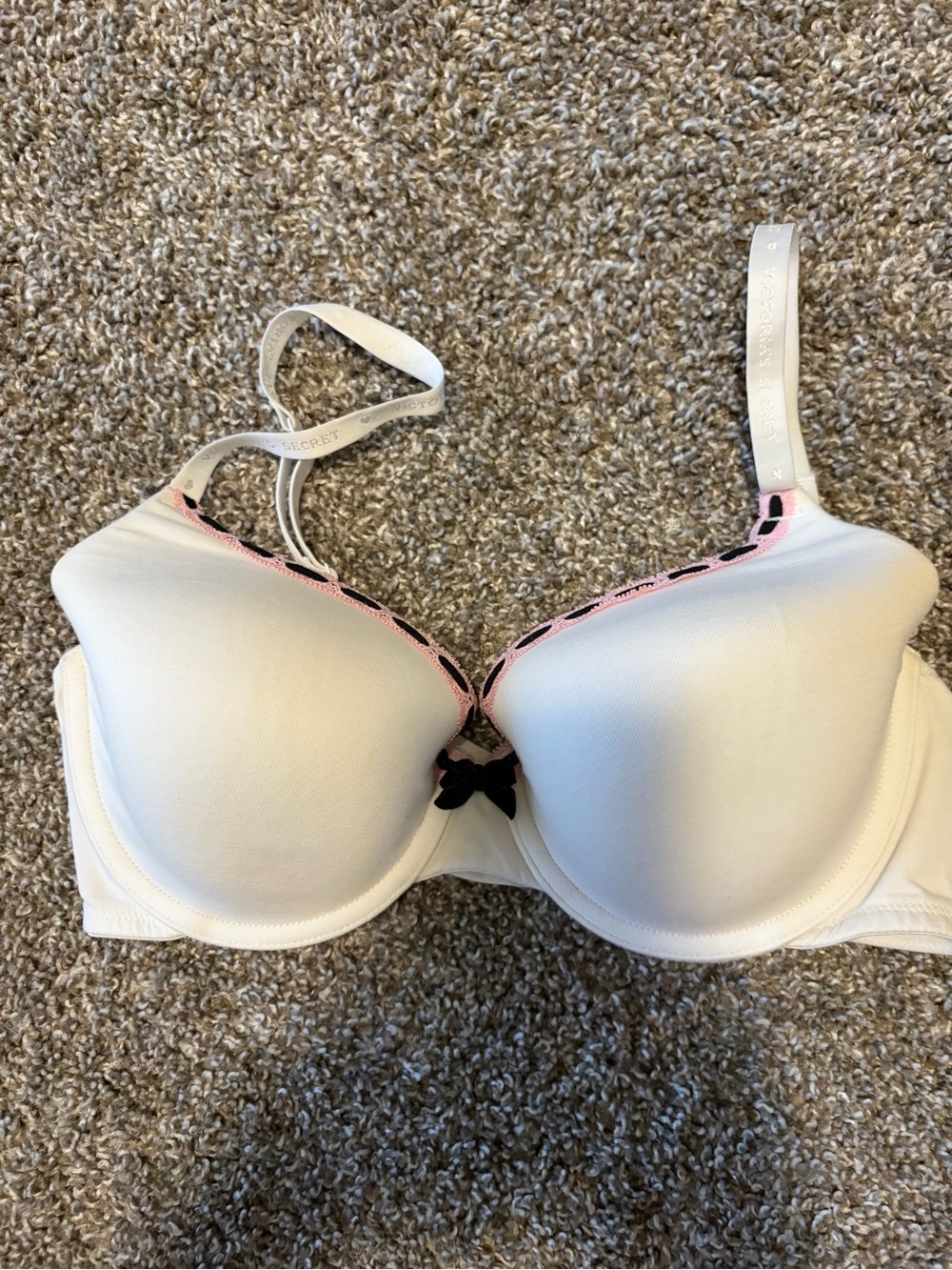 Victoria's Secret White Bra with Pink Trim and Black Bow Accent